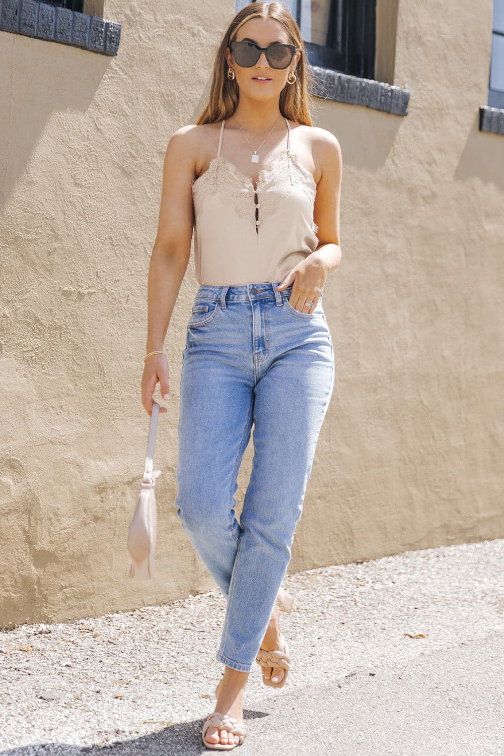 Lace Trim Buttoned Spaghetti Strap Bodysuit.