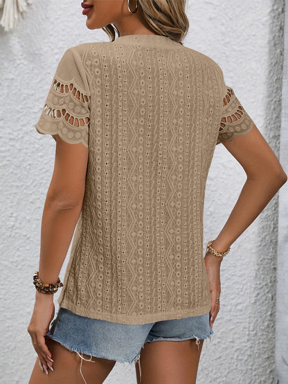 Full Size Eyelet Round Neck Short Sleeve Top.