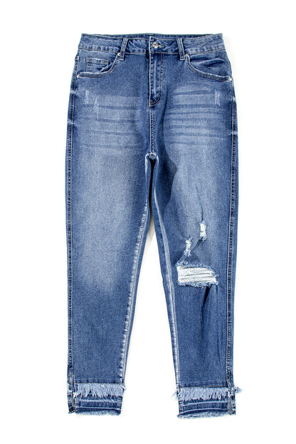 Retro light blue frayed ankle skinny jeans with a distressed finish