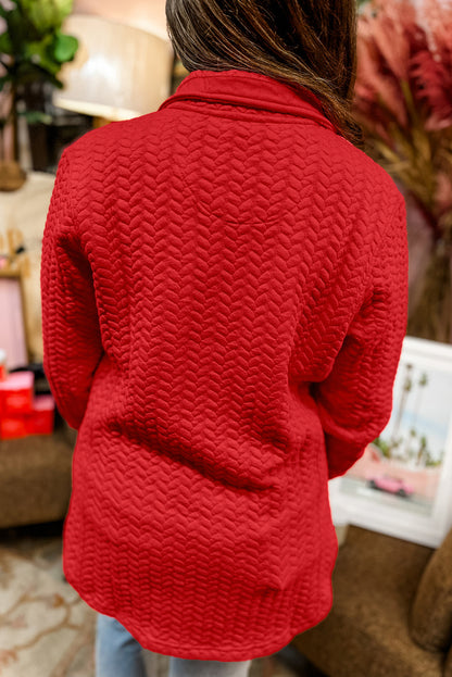 Tomato red cable knit quarter zip pullover with pockets in plus size