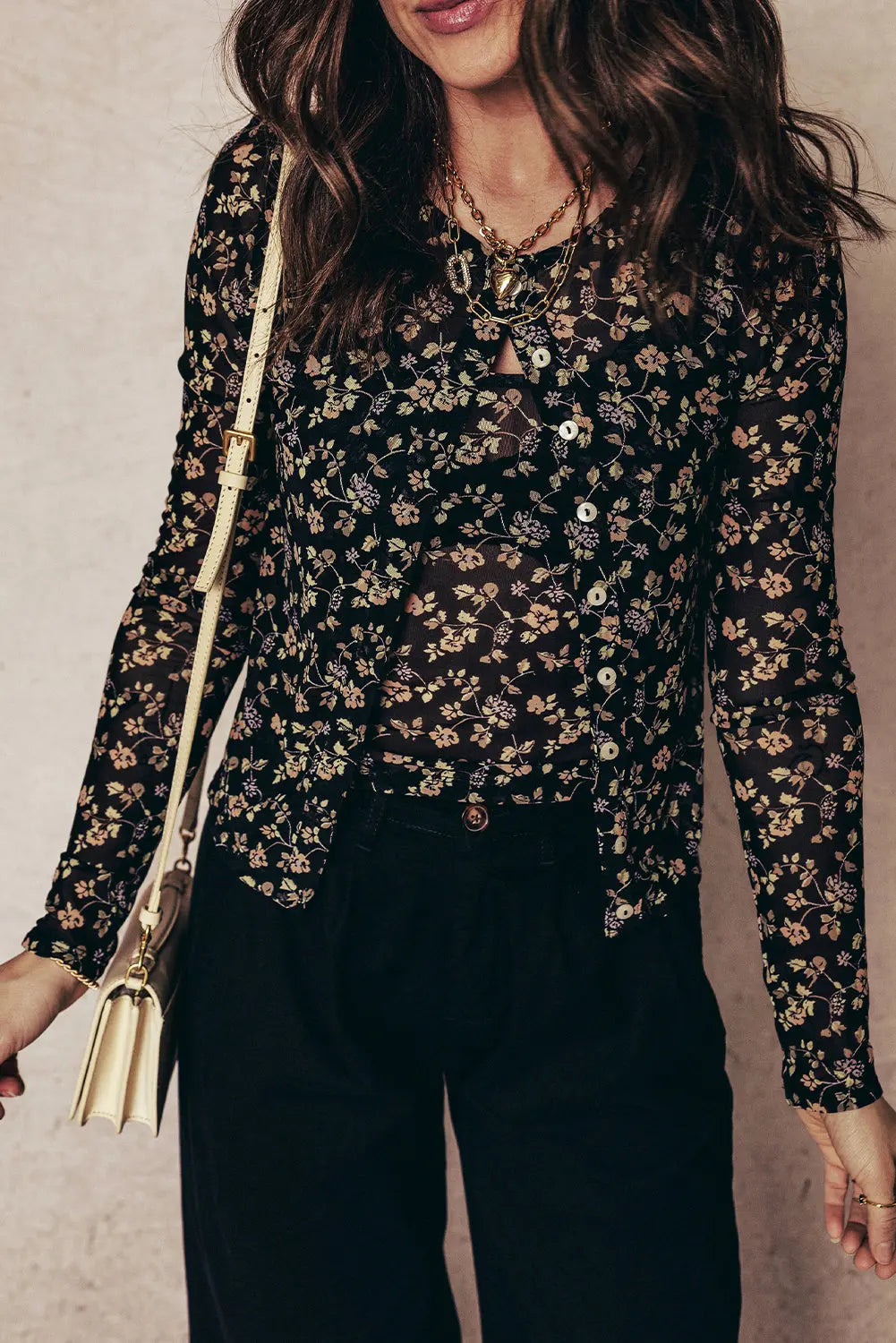 Black Floral Print Mesh Tank Cardigan Set 2pc Button Front Slim Dear-Lover Dropshipping