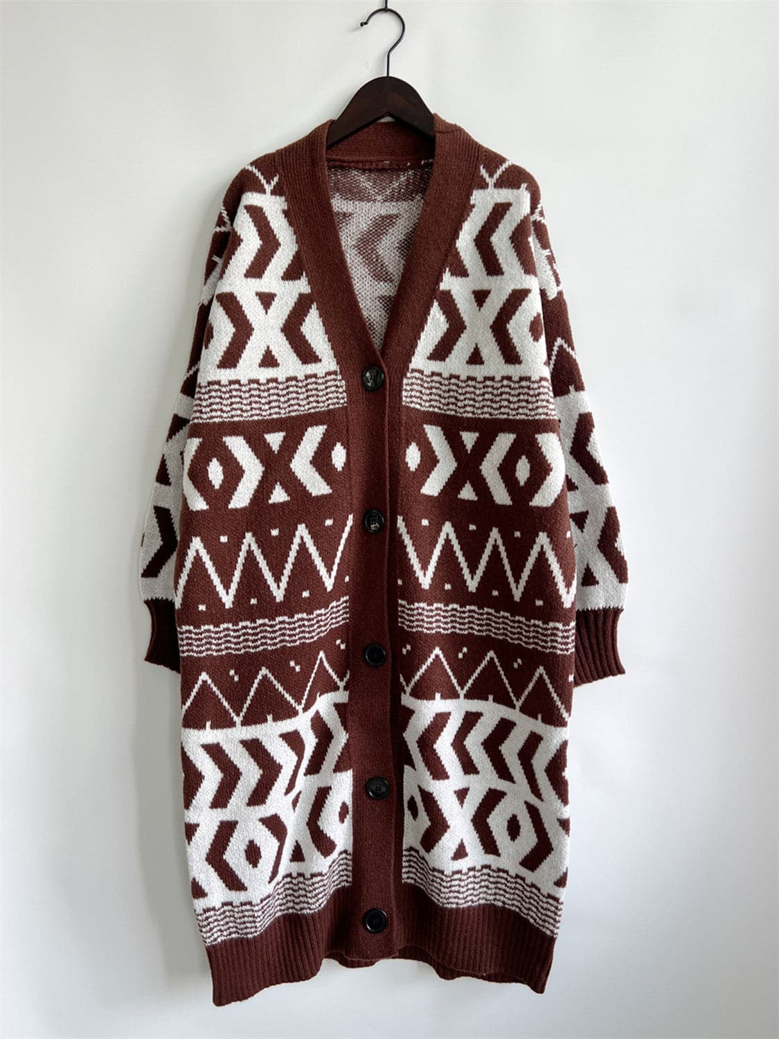 Geometric Button Front Longline Cardigan.