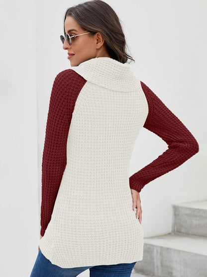 Contrast Decorative Button Turtleneck Sweater.