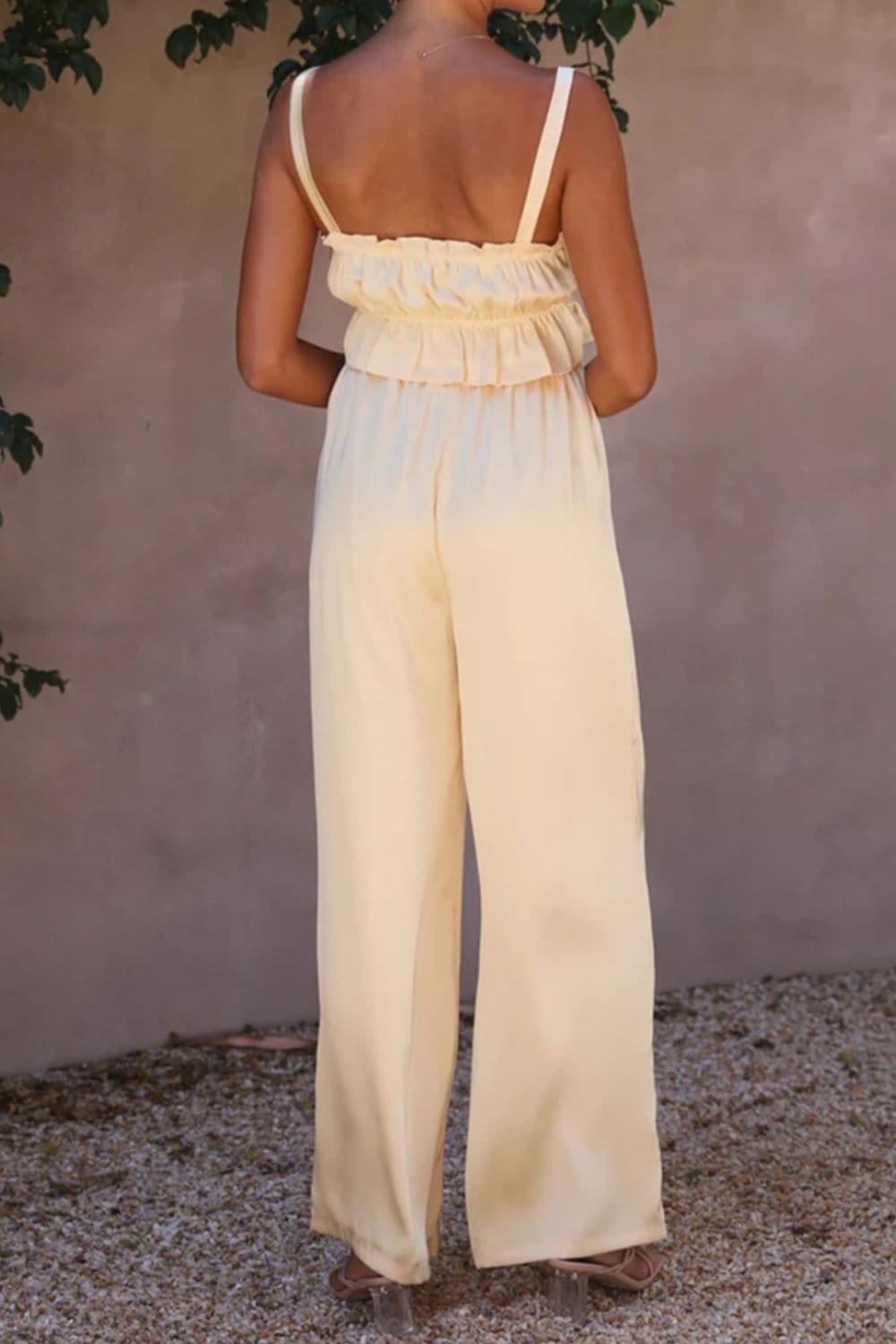 Ruffled Sleeveless Top and Wide Leg Pants Set.