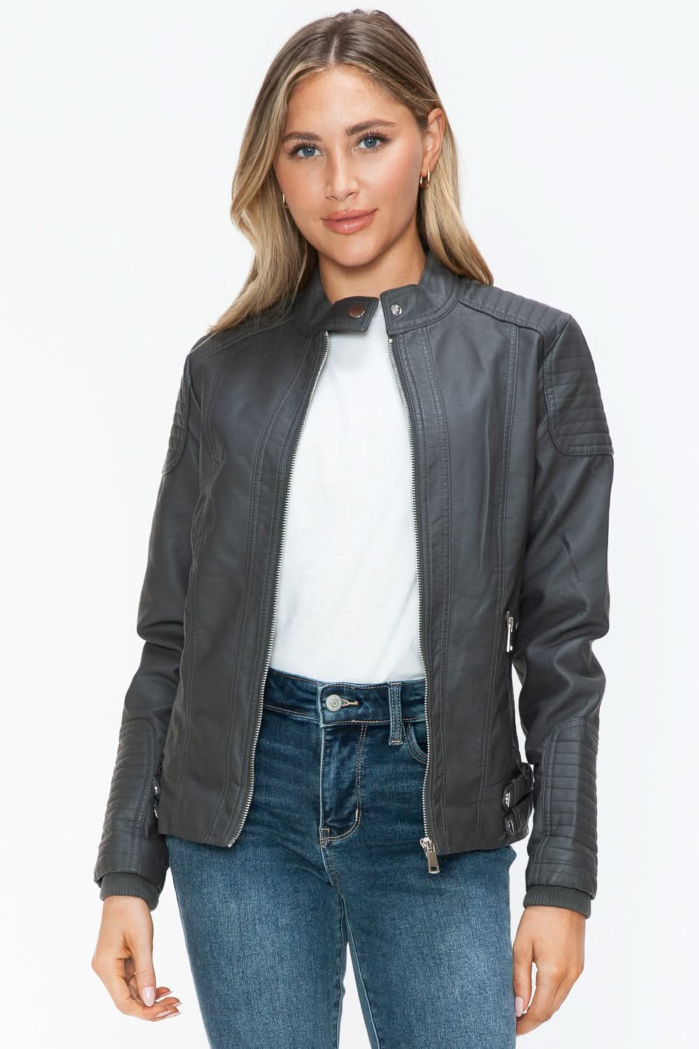 Snobbish faux leather biker jacket with side zip pockets, stylish and edgy attire.