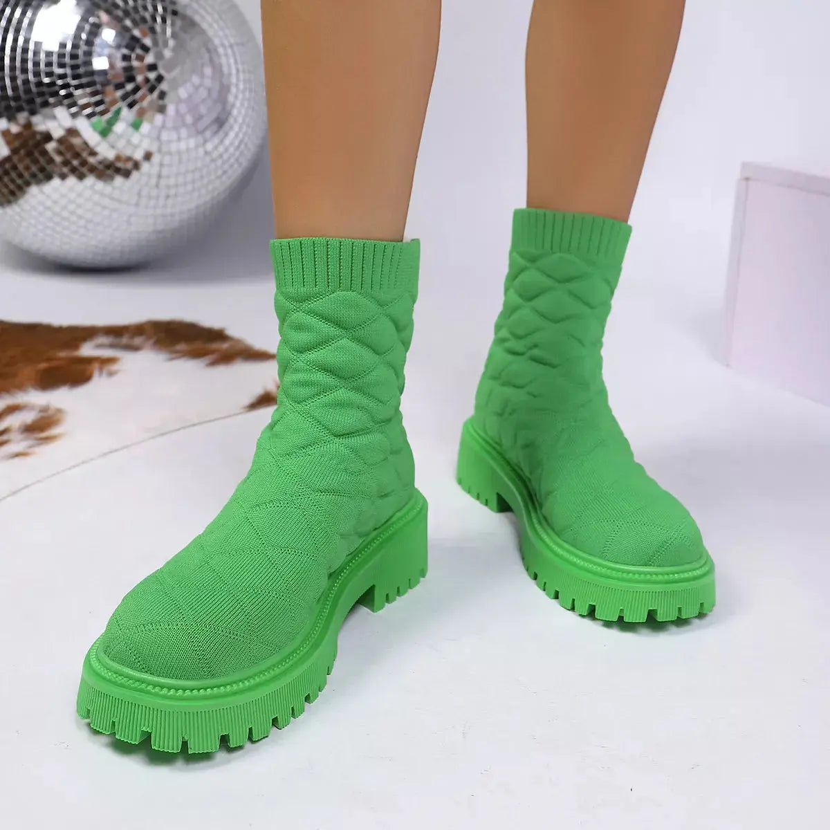 Black Knit Sock Boots With Round Toe And Low Heel Thick Lug Sole Simply Love