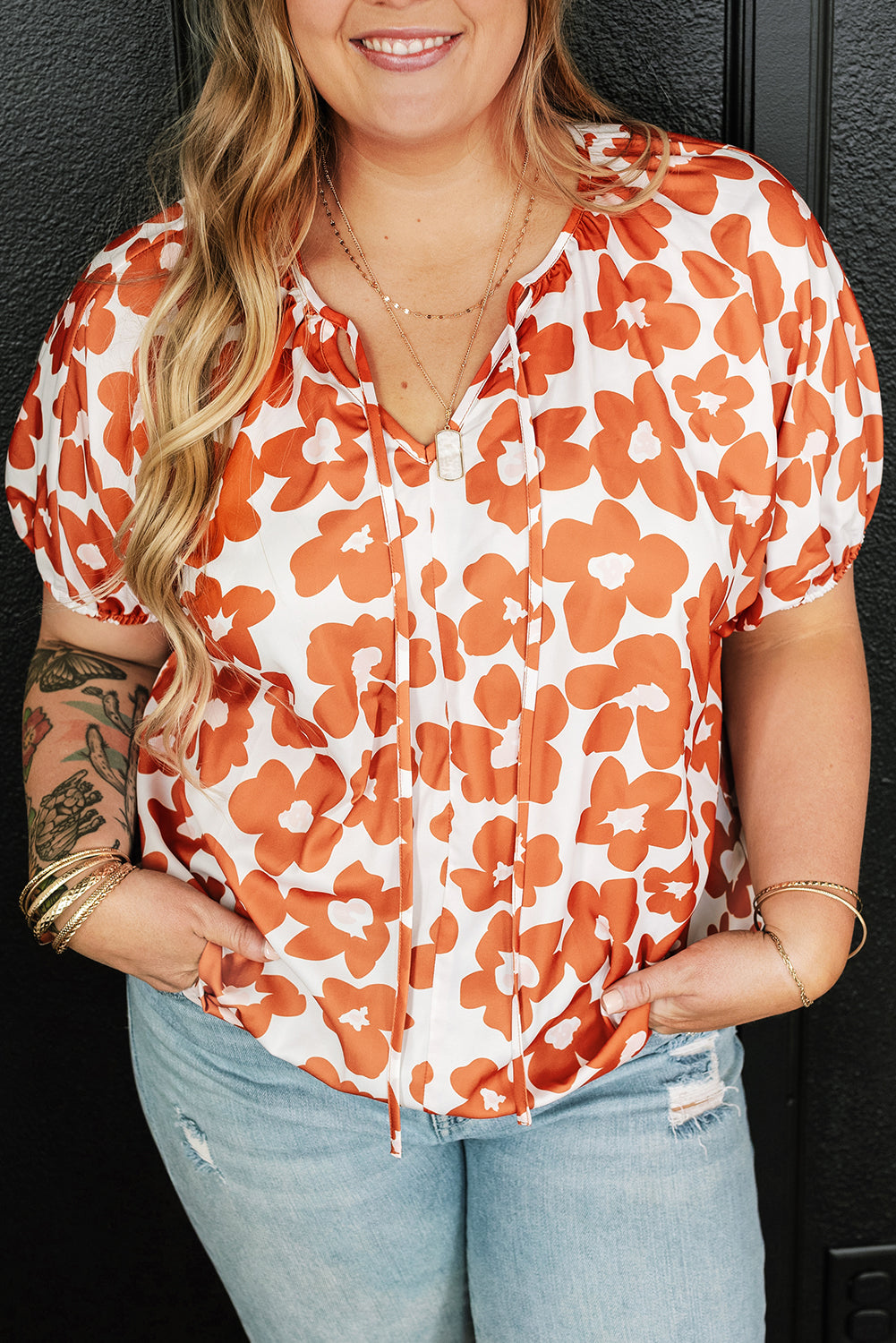 Floral Delight: Plus Size Orange V Neck Blouse with Drawstring Detail