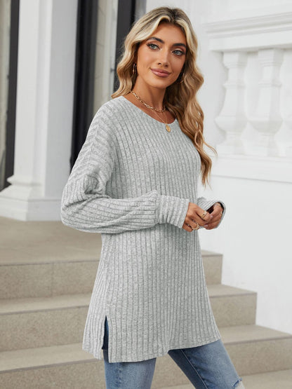 Ribbed Round Neck Long Sleeve T-Shirt.