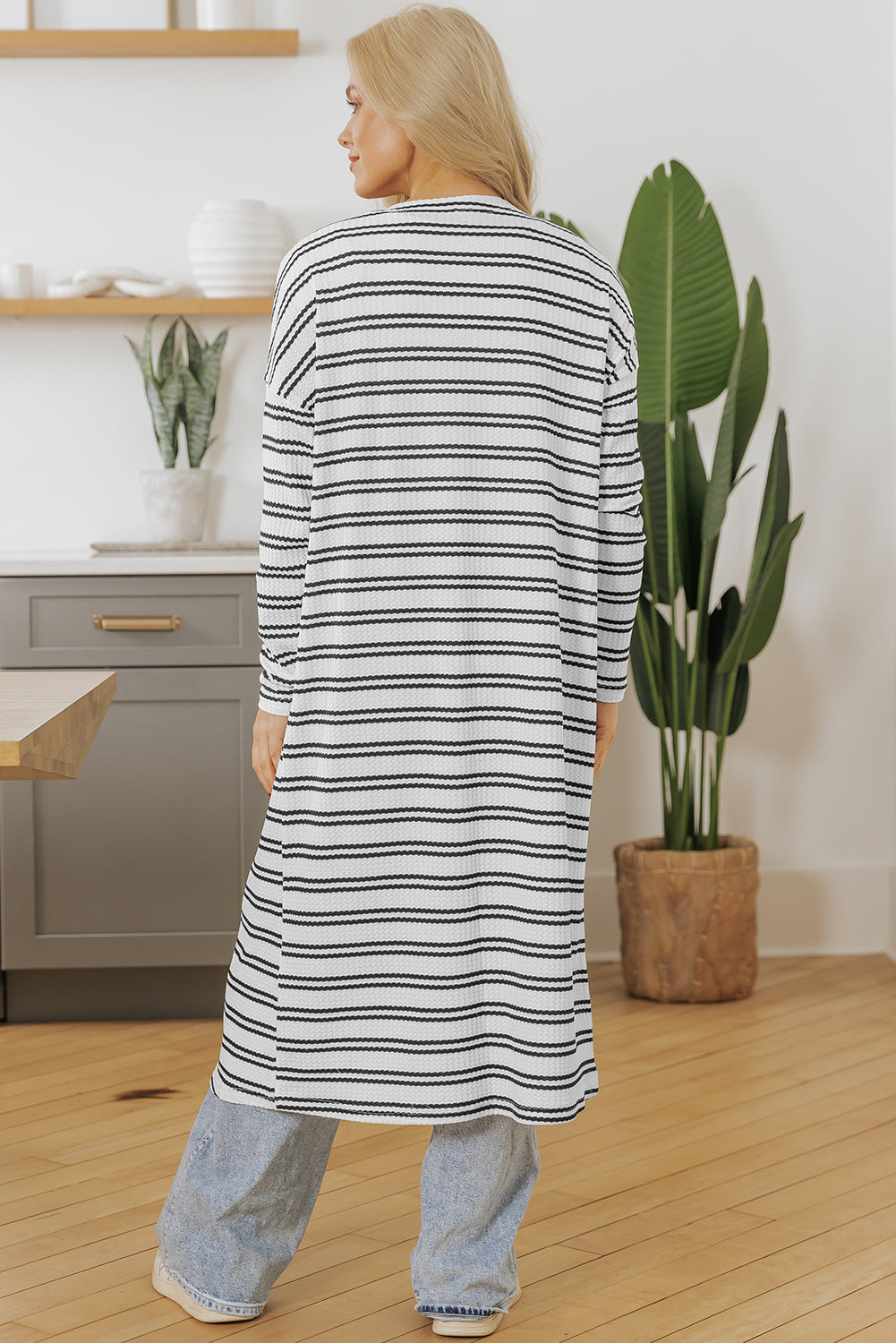 Black Striped Longline Open Duster Cardigan