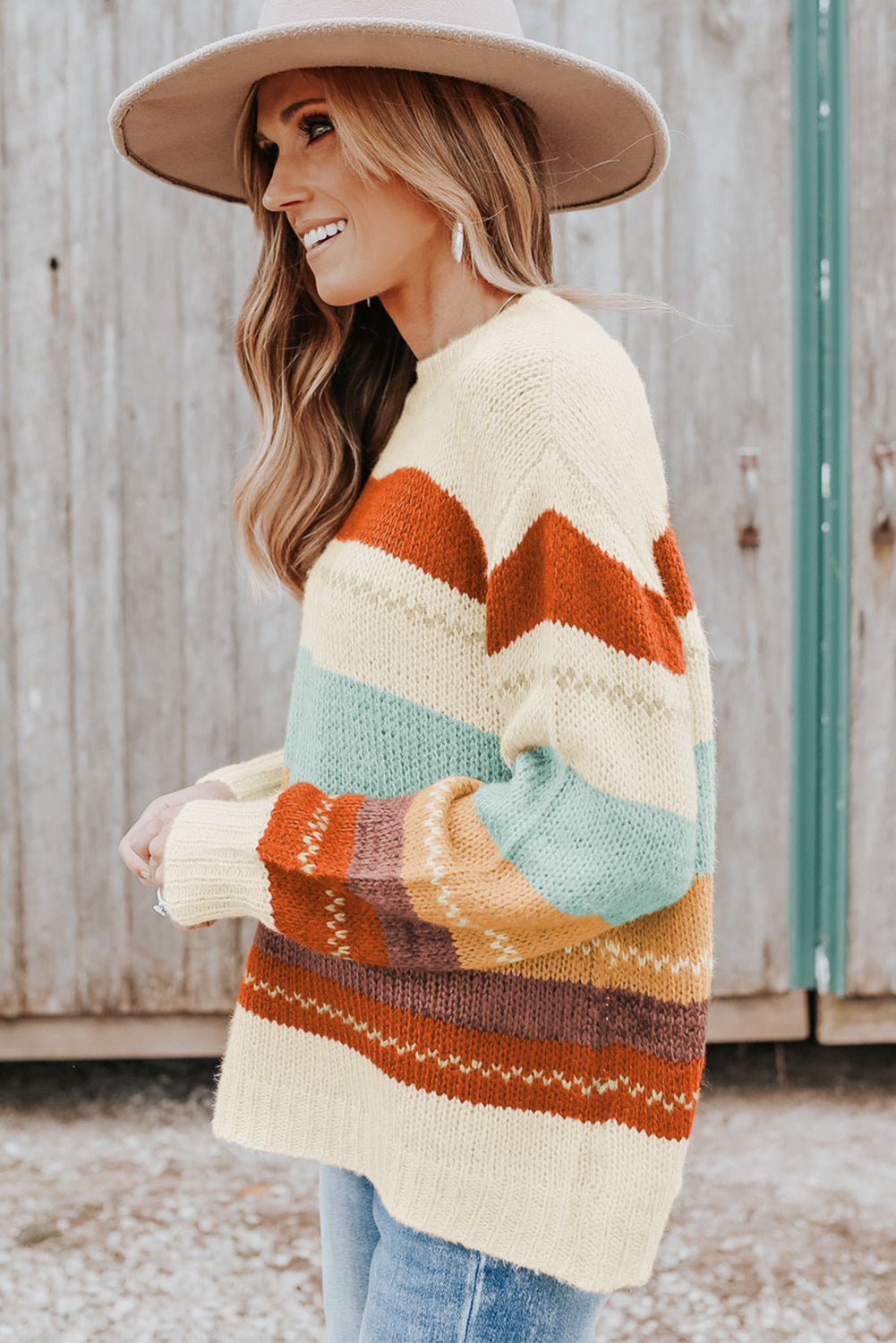 Chic striped color block sweater with drop-shoulder design