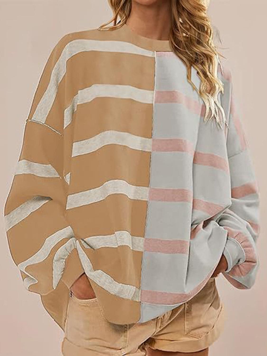 Striped Round Neck Long Sleeve Sweater.