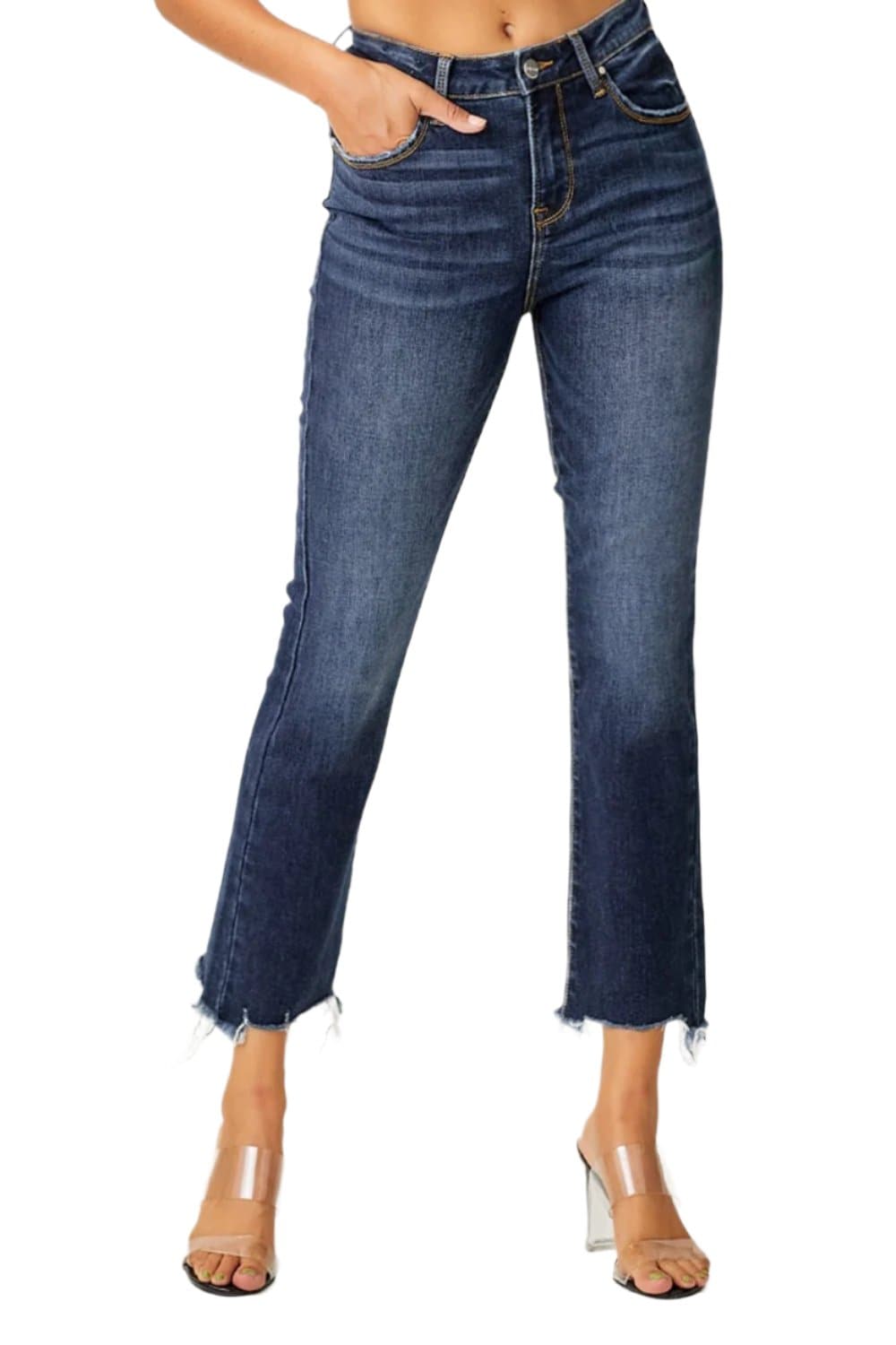 Risen Full Size Frayed Hem Cropped Straight Jeans.