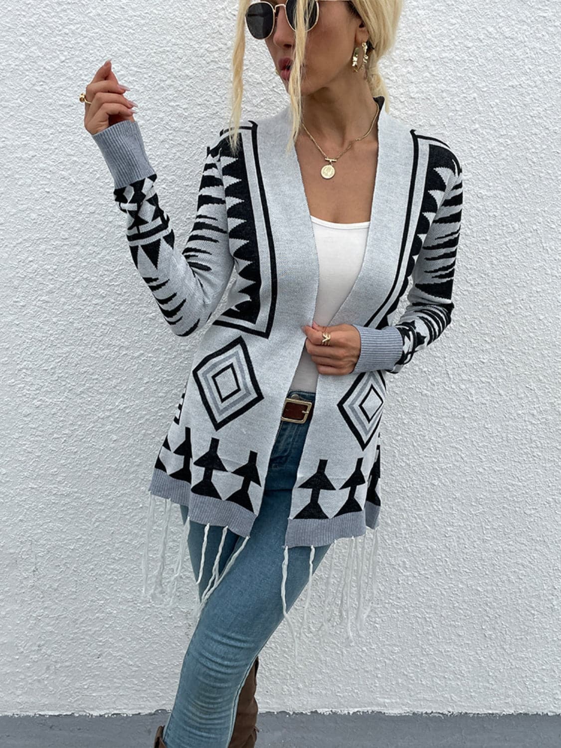 Geometric Fringe Hem Open Front Cardigan.