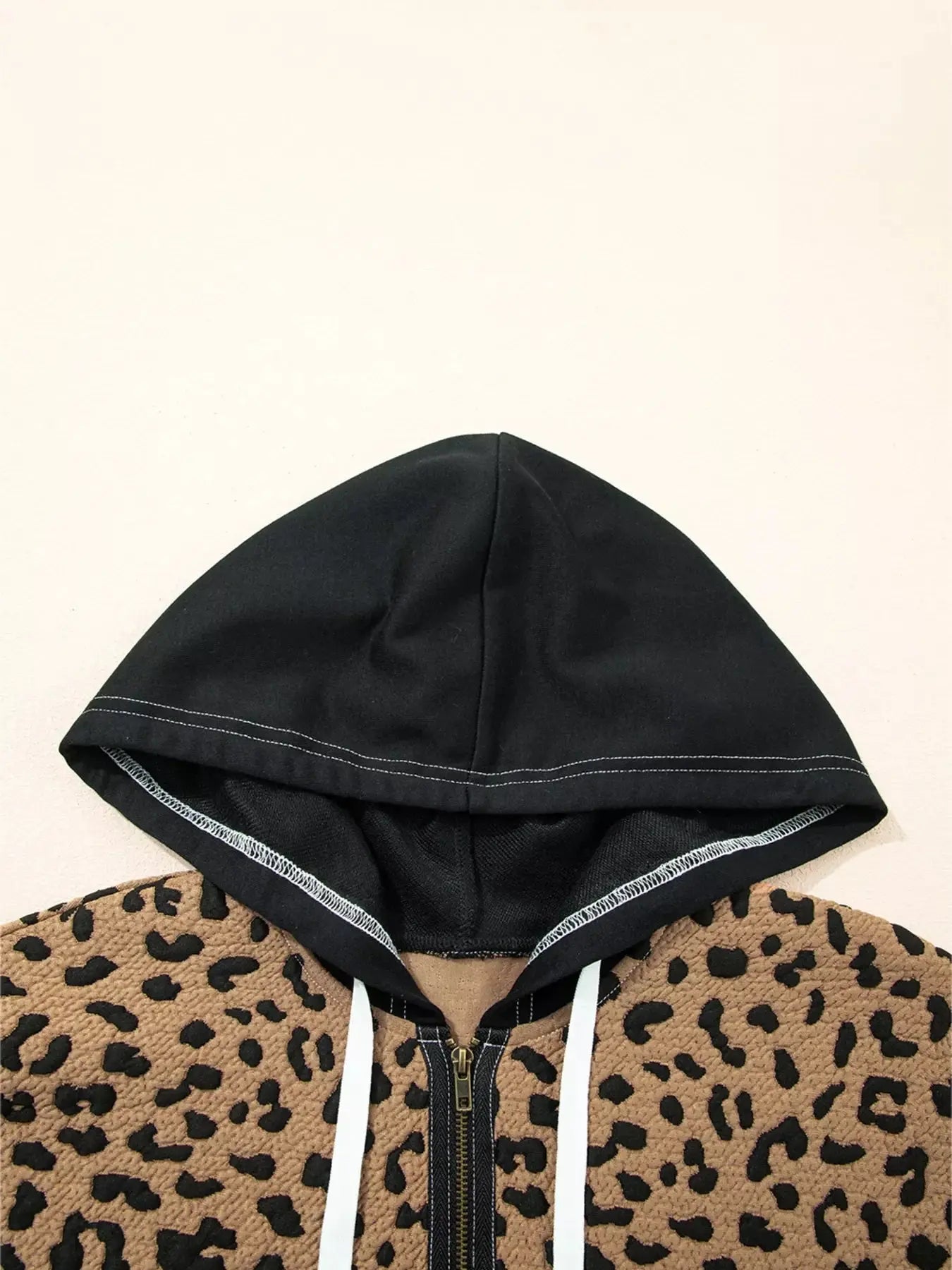 Leopard Patchwork Quarter Zip Hoodie With Contrast Stitching And Knotted Cuffs Simply Love