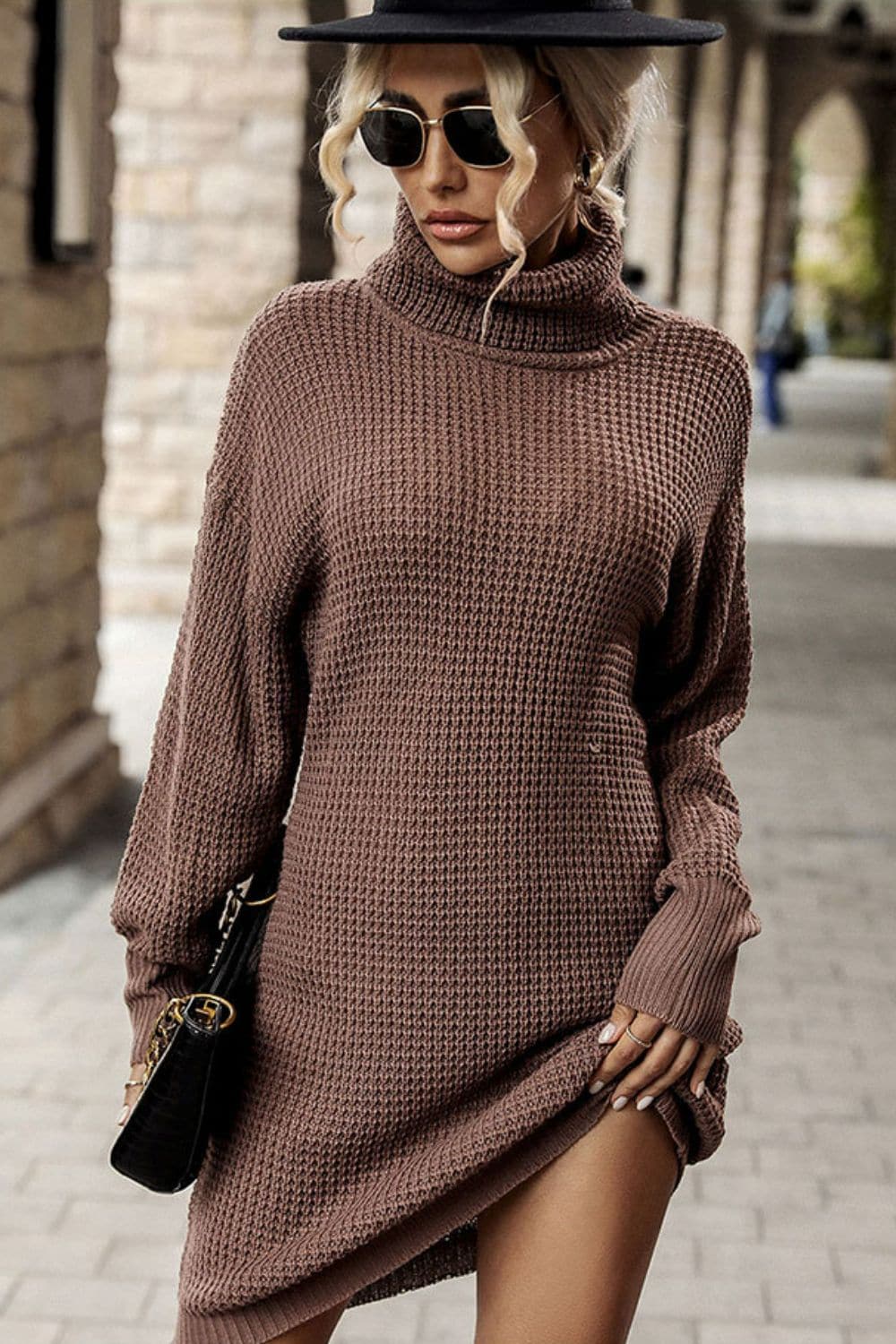 Turtleneck Dropped Shoulder Mini Sweater Dress.