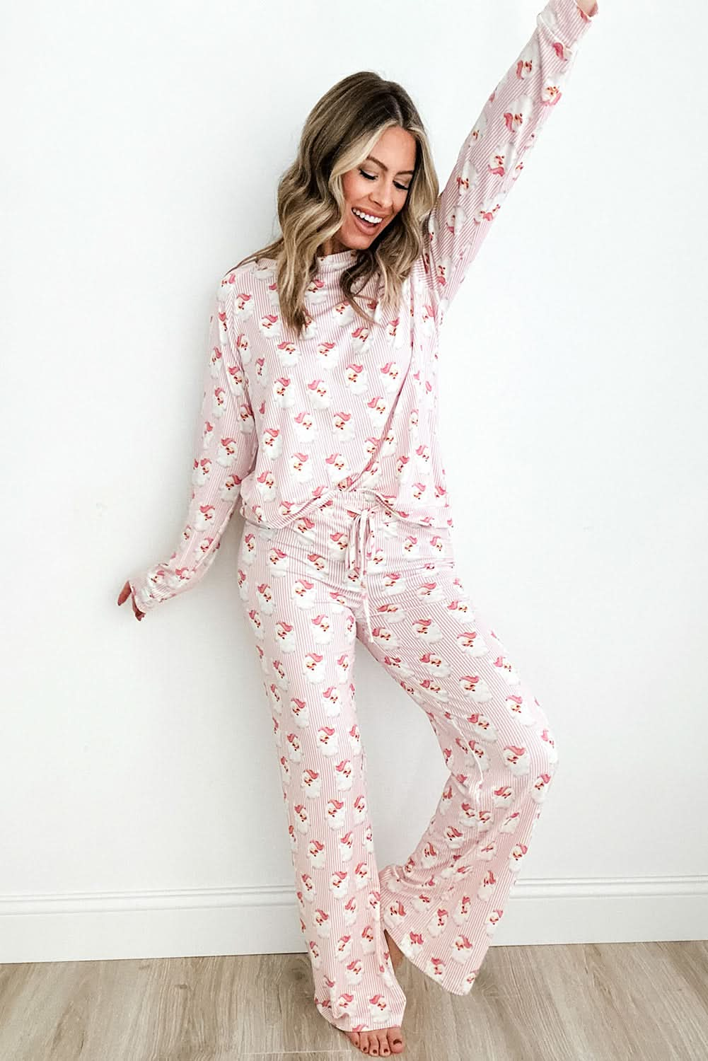 Festive Santa Patterned Long Sleeve Lounge Set with Pants