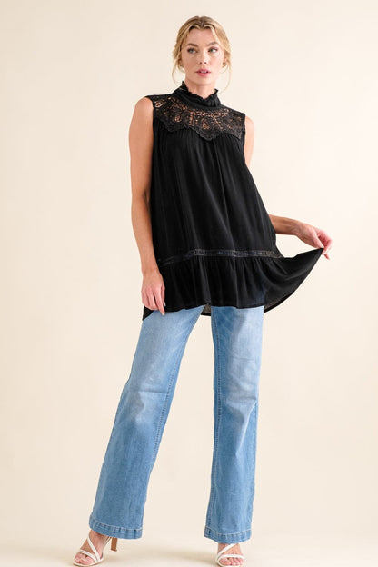 And The Why Lace Detail Sleeveless Ruffled Top.