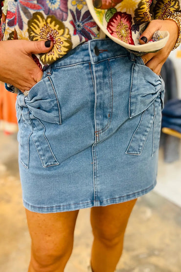 Acid Wash Bowknot Details High Waist Denim Skirt - Product detail view by Simply Love