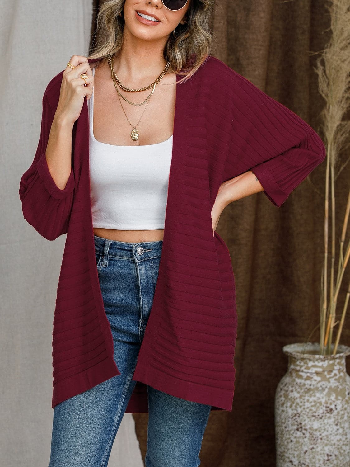 Striped Open Front Knit Cardigan.