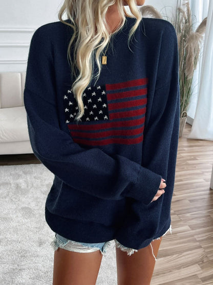 Round neck us flag knit top