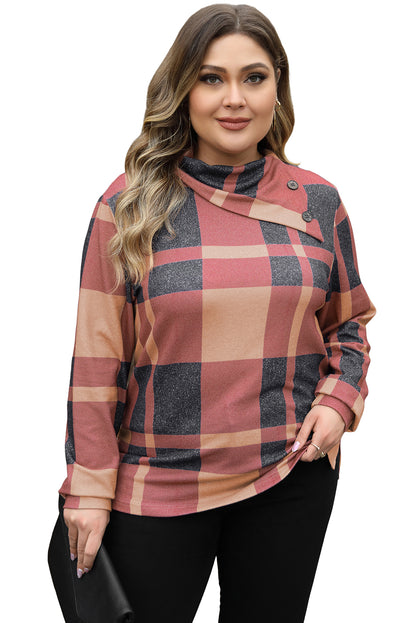 Mineral red plus size plaid top with asymmetric neckline and button details