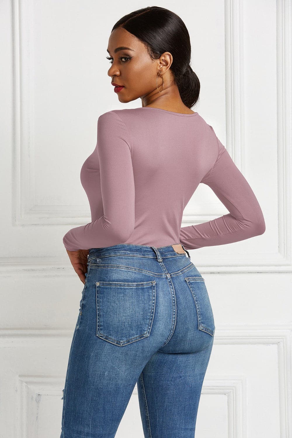 Half Zip Scoop Neck Long Sleeve Bodysuit.