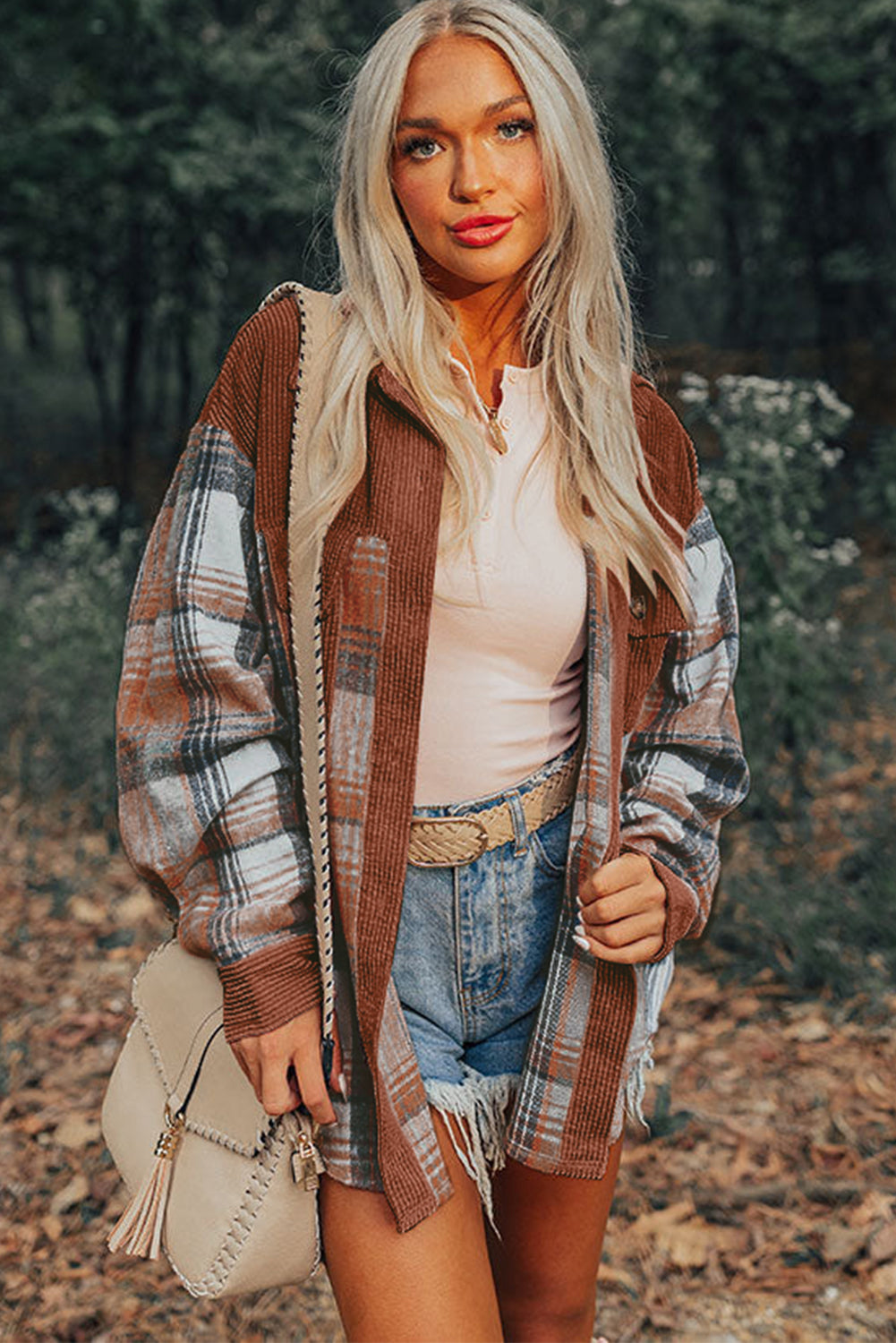 Cinnamon corduroy plaid shacket with chest pockets