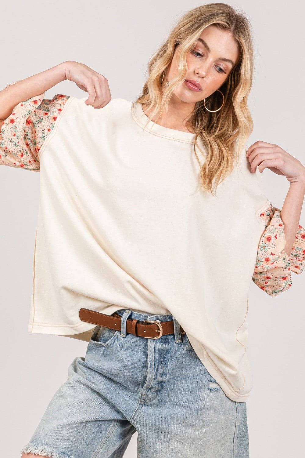 SAGE + FIG Round Neck Bubble Sleeve Oversize Top.