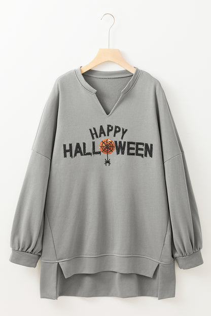 Medium Grey Sequin Happy Halloween Graphic Notched Neck Long Sleeve Loose Top