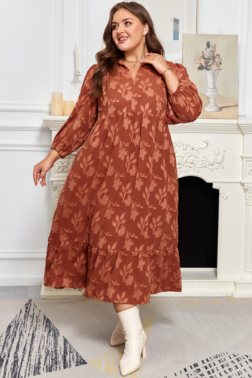 Premium Cinnamon Plus Size Textured 3D Flower Dress Ruffle Hem Long Dear-Lover Dropshipping