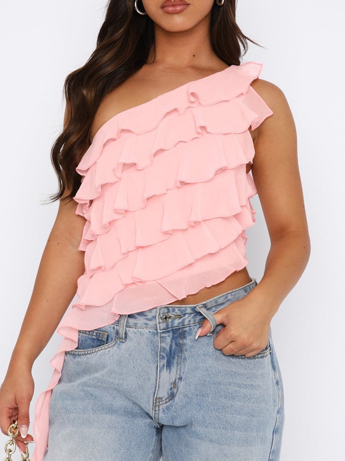 Layered Ruffled One Shoulder Tank.