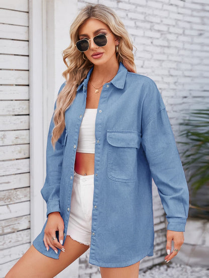 Pocketed Snap Down Dropped Shoulder Denim Shacket.