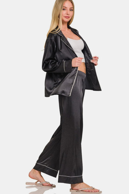 Chic satin long sleeve pajama set with relaxed pants