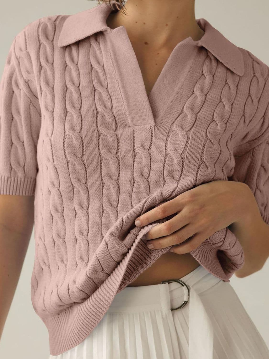 Cable-Knit Collared Neck Half Sleeve Sweater.