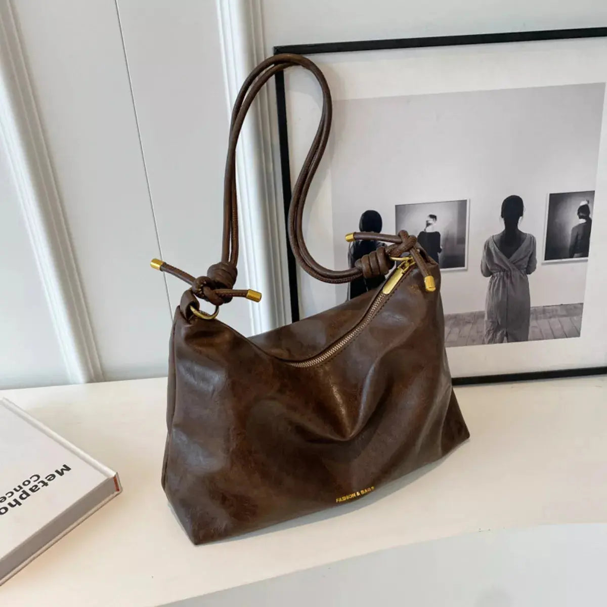 Knotted Strap PU Leather Handbag Medium Size Imported With Gold Hardware Simply Love