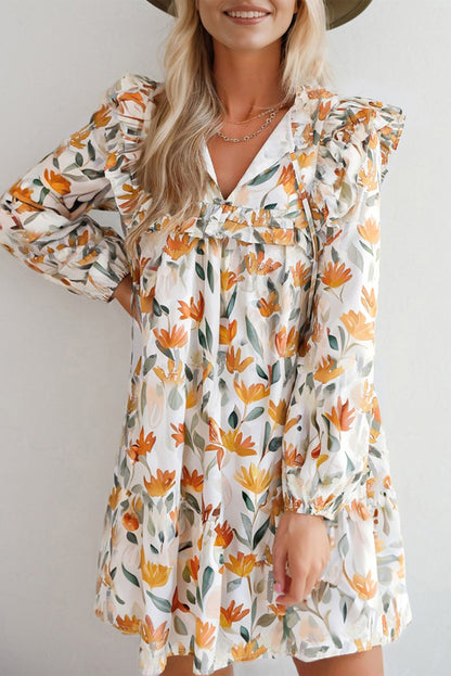 Yellow Floral Print Tie Neck Frilled Long Sleeve Mini Dress