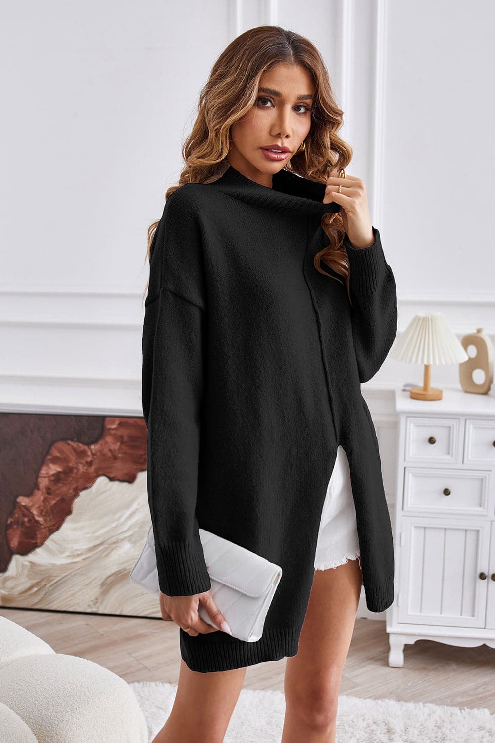 Exposed Seam Mock Neck Slit Sweater.