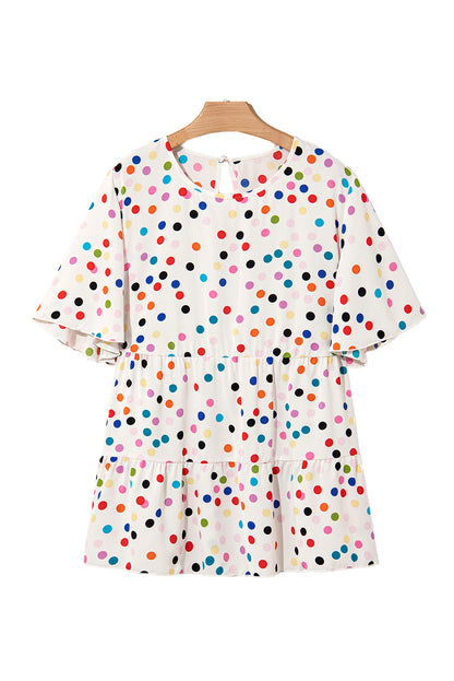 Beige Plus Size Babydoll Blouse with Colorful Polka Dot Print and Ruffled Short Sleeves