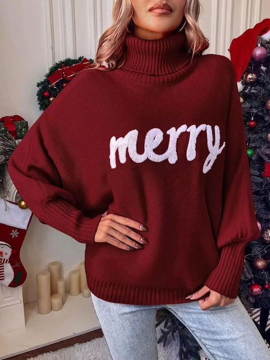 Merry Turtleneck Long Sleeve Christmas Sweater Simply Love