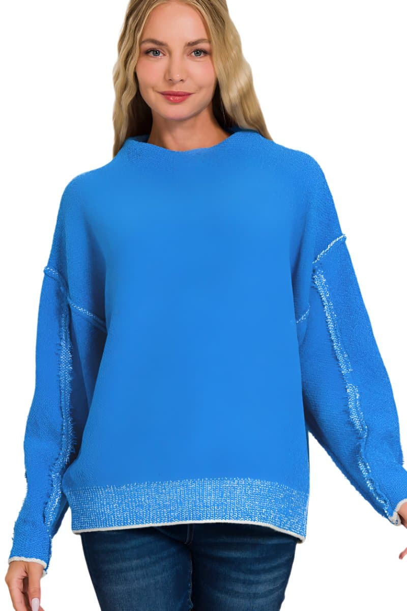 Zenana Exposed Seam Mock Neck Long Sleeve Sweater.