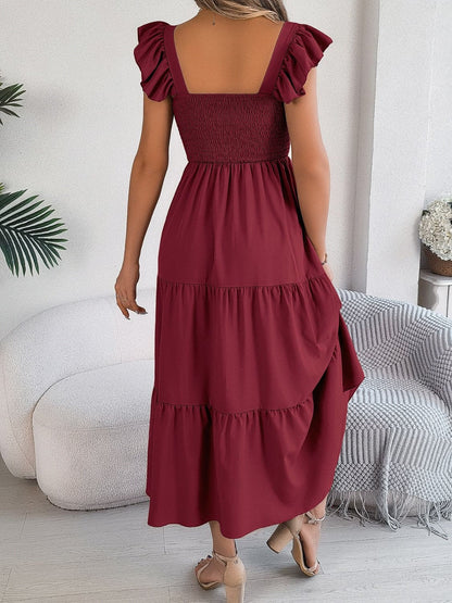 Smocked Square Neck Cap Sleeve Midi Dress.