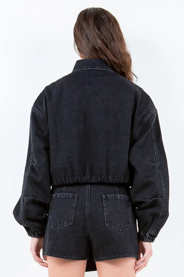 American Bazi Drawstring Waist Crop Denim Jacket with Zipper Front Closure and Elastic Banded Hem - Love Salve 