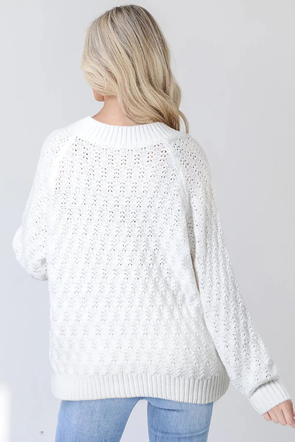 Premium White Textured Knit Ribbed Edge V Neck Loose Sweater Dear-Lover Dropshipping