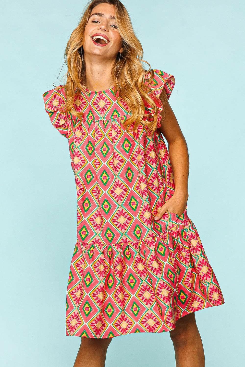 Haptics Full Size Ruffled Printed Dress with Side Pockets.