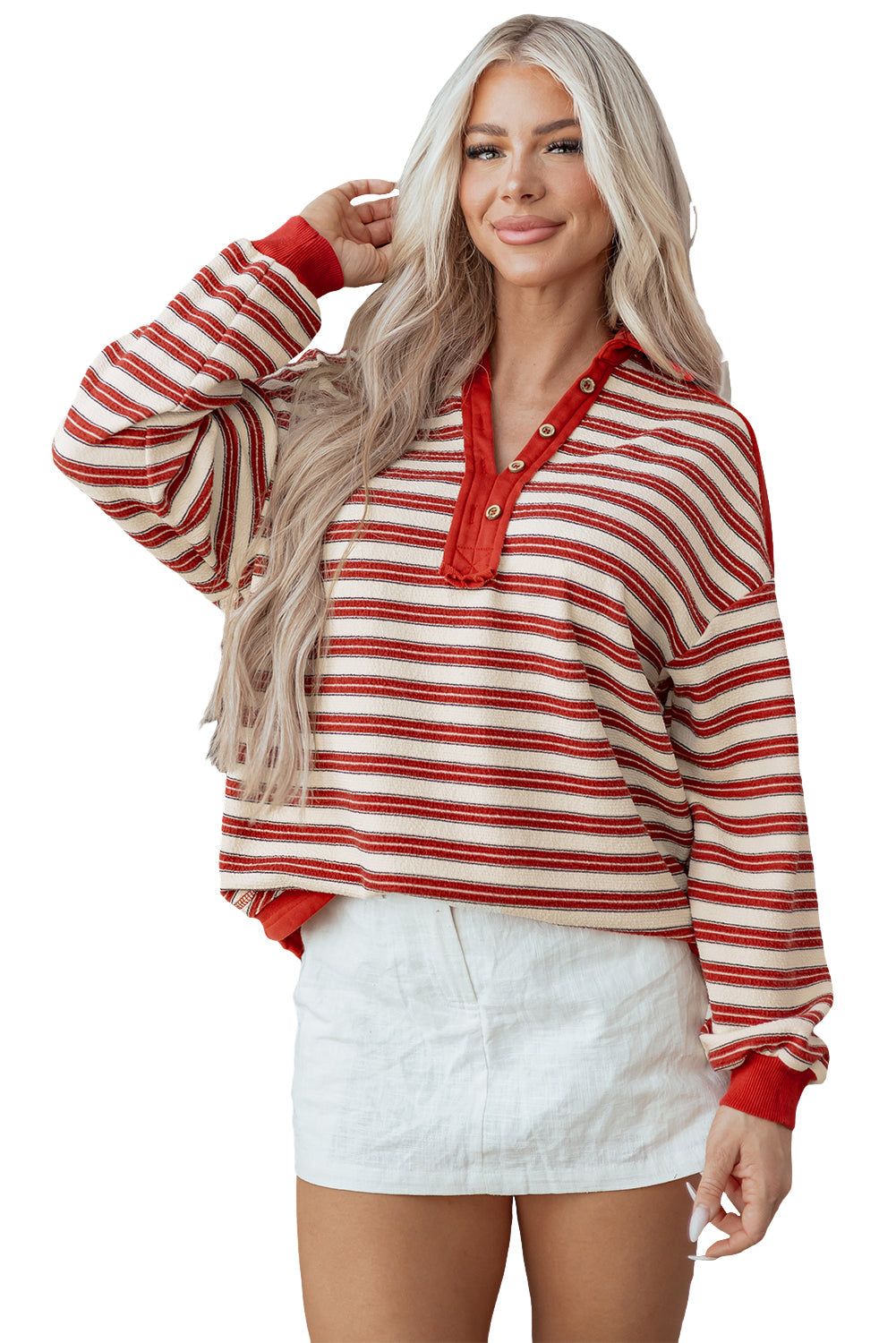 Red Stripe Buttoned V Neck Collared Drop Shoulder Top Love Salve