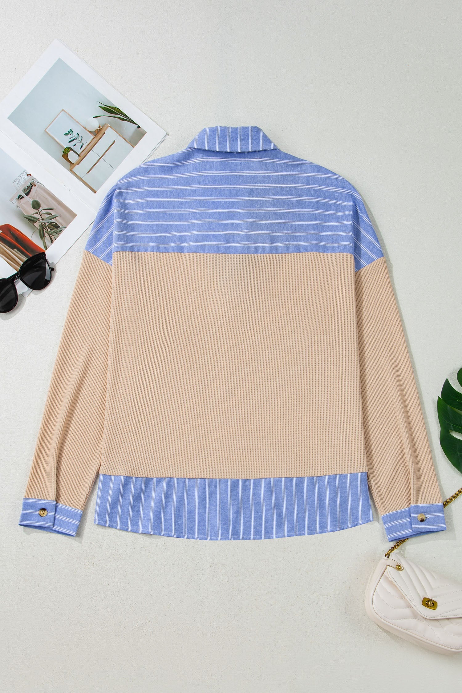 Plus Size Parchment Striped Waffle Knit Collared Top With Contrast Trim Dear-Lover Dropshipping
