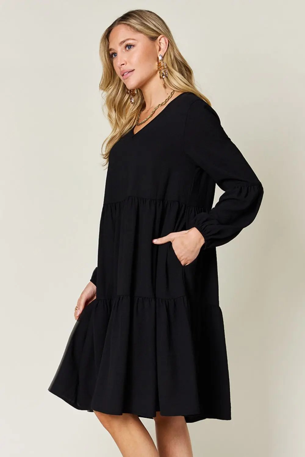 Double Take Full Size V-Neck Balloon Sleeve Tiered Dress - Love Salve