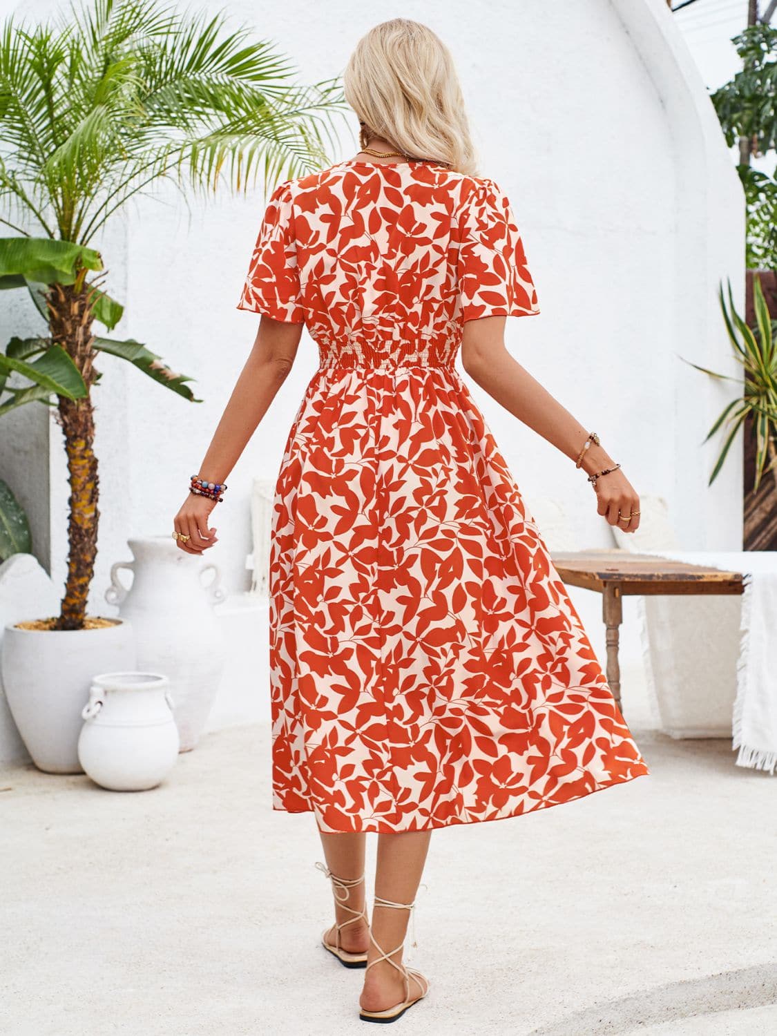 Printed Surplice Short Sleeve Midi Dress.