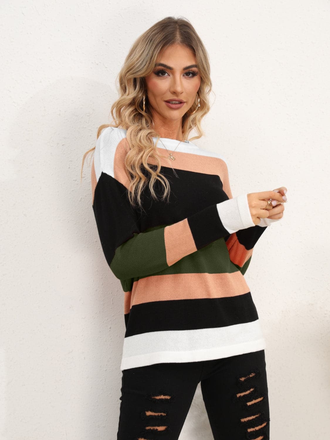 Striped Round Neck Dropped Shoulder Sweater.