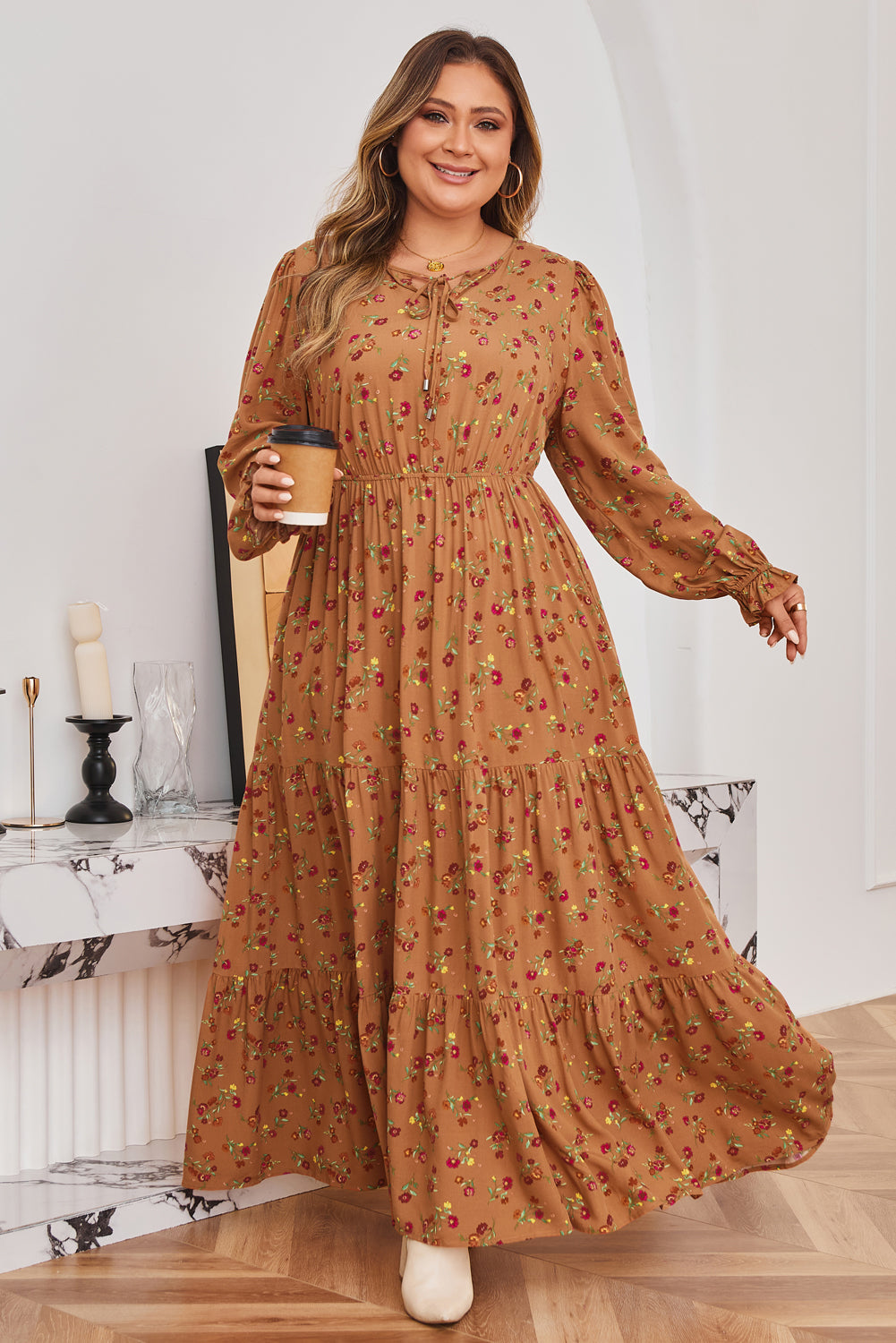 Brown Plus Size Floral Split V Neck Ruffled Sleeve Tiered Maxi Dress Dear-Lover Dropshipping